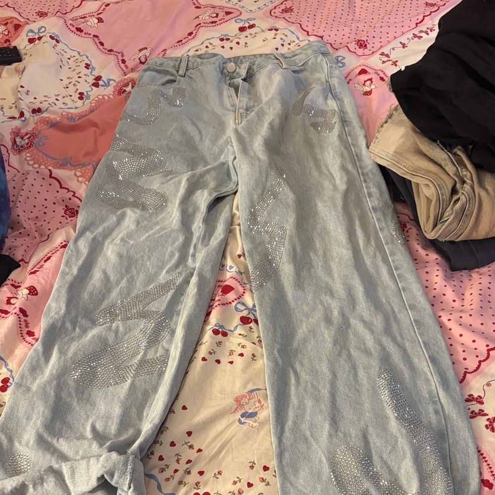 Light Blue Flare Jeans with Rhinestone Accents